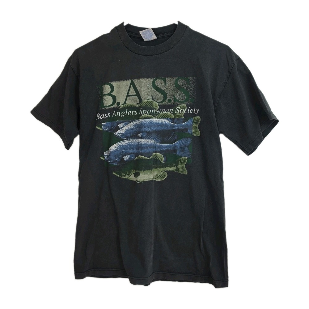 Vintage 90s BASS Fishing T Shirt Mens M Distressed Faded Jerzees Graphic Tee